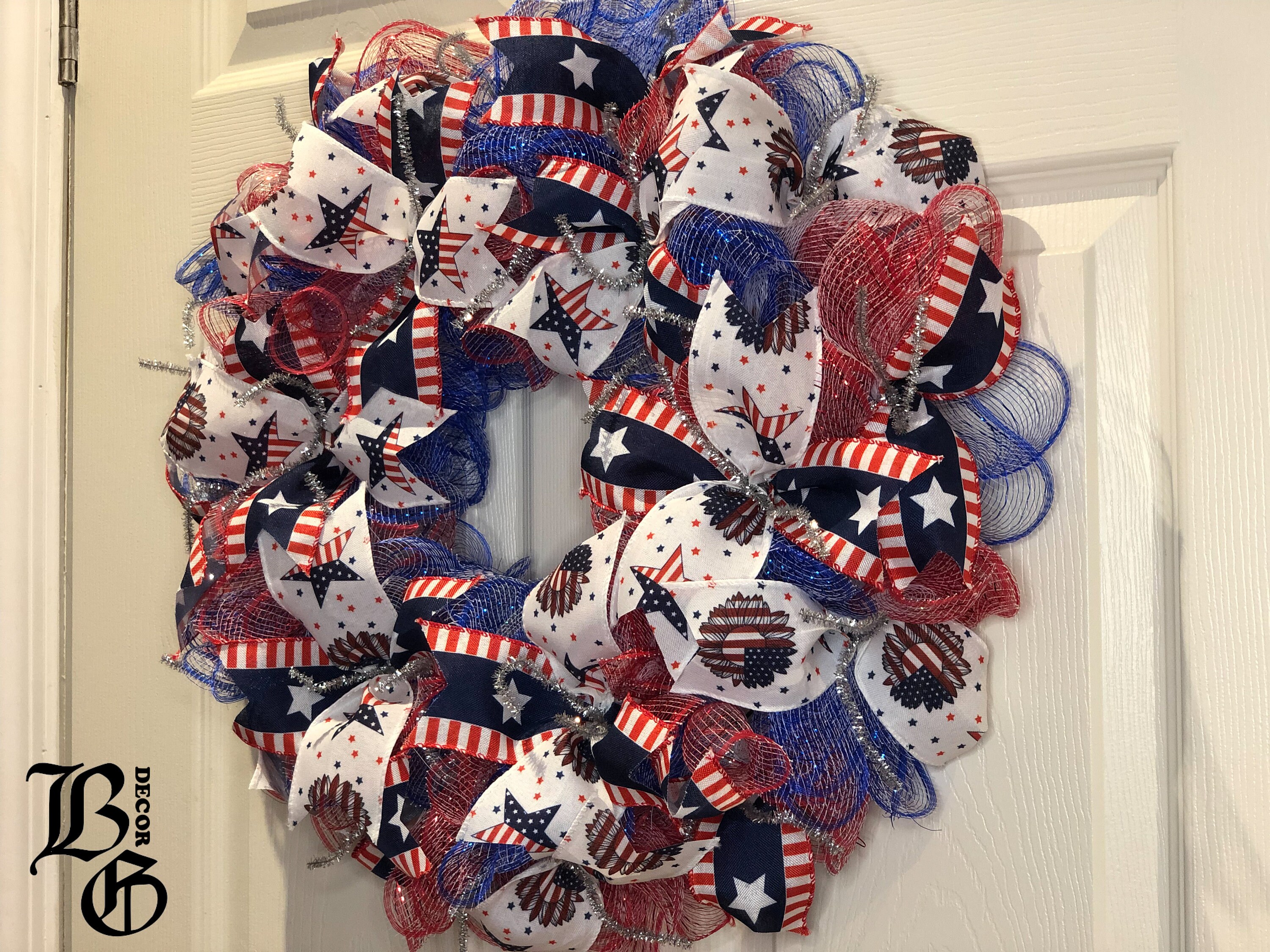 Patriotic Deco Mesh Ribbon Wreath - Red White Blue | July 4th Wreath ...