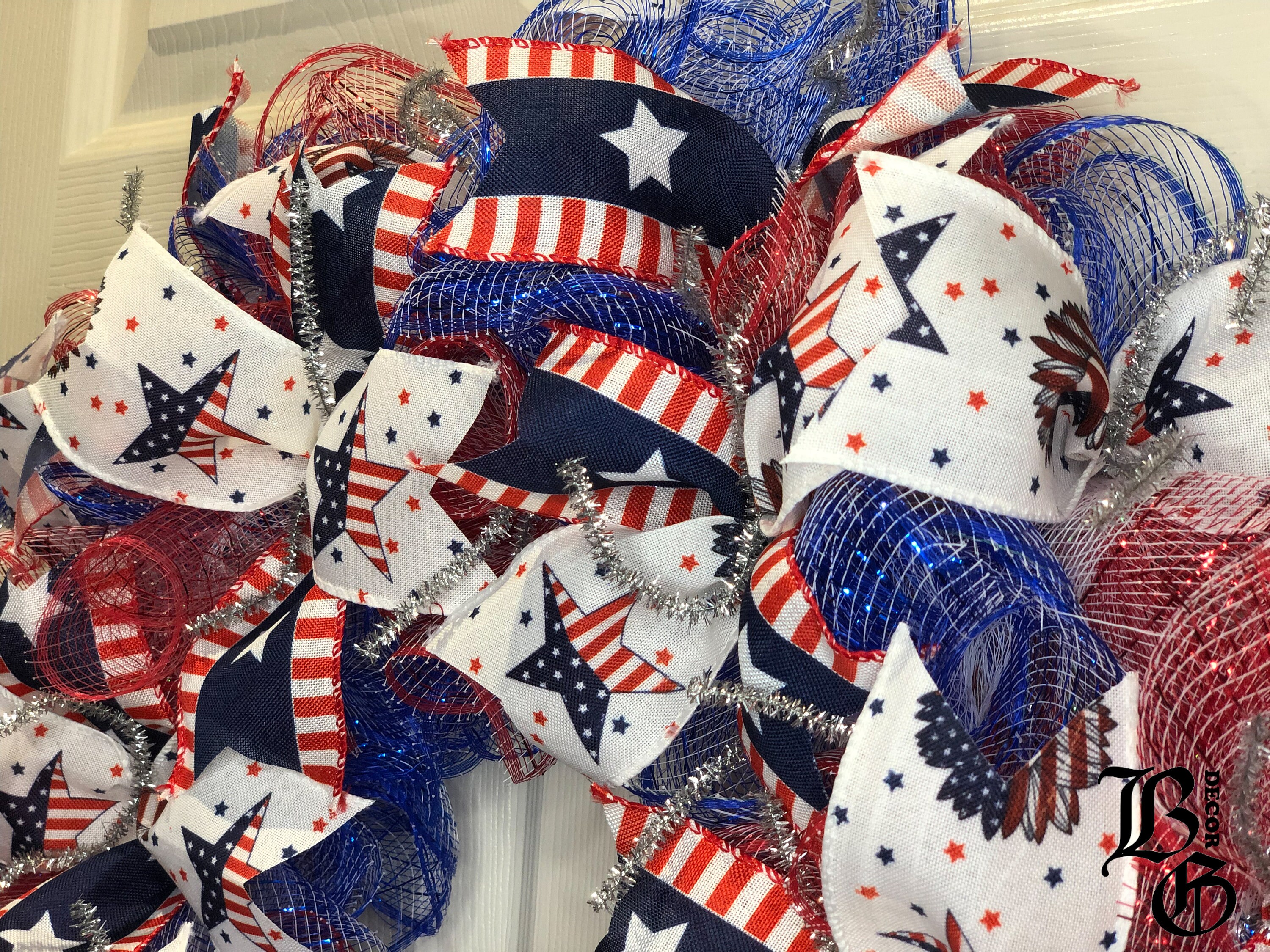Patriotic Deco Mesh Ribbon Wreath - Red White Blue | July 4th Wreath ...