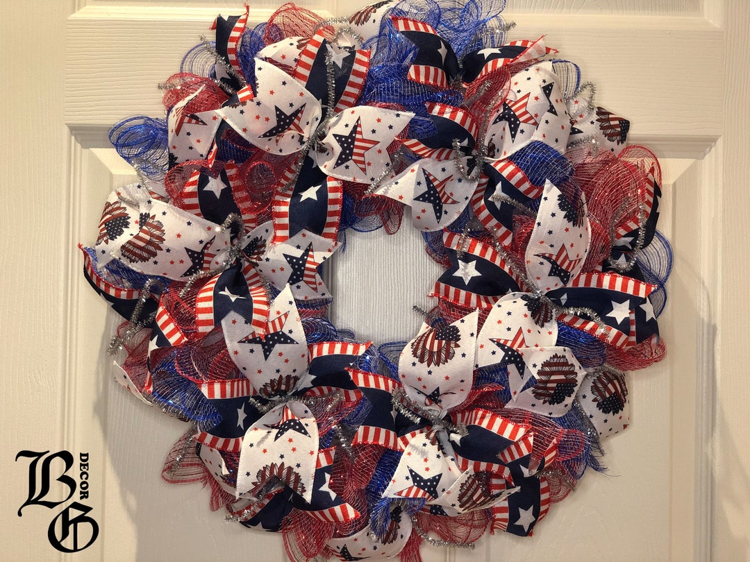 Patriotic Deco Mesh Ribbon Wreath - Red White Blue | July 4th Wreath ...