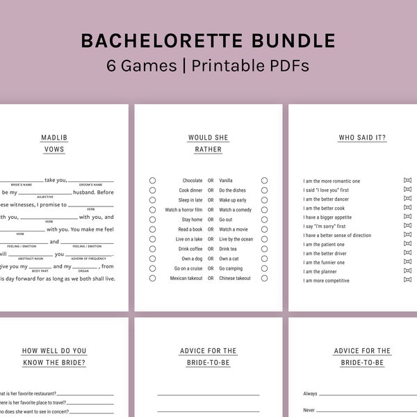6 Bachelorette Party Games Bundle - Party Games, Instant Download, Printable, Minimal