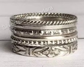 Set van 6 sterling zilveren stapelringen, dunne en dikke ringen, diverse patroonringen, sierlijke kralen gedraaide ringen, gestippelde ring, duimringen