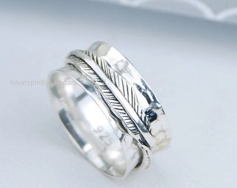 Feather Spinner Ring For Women, 925 Sterling Silver Ring, Meditation Ring, Feather Ring, Fidget Spinning Ring, Anxiety Ring, Gift For Her s