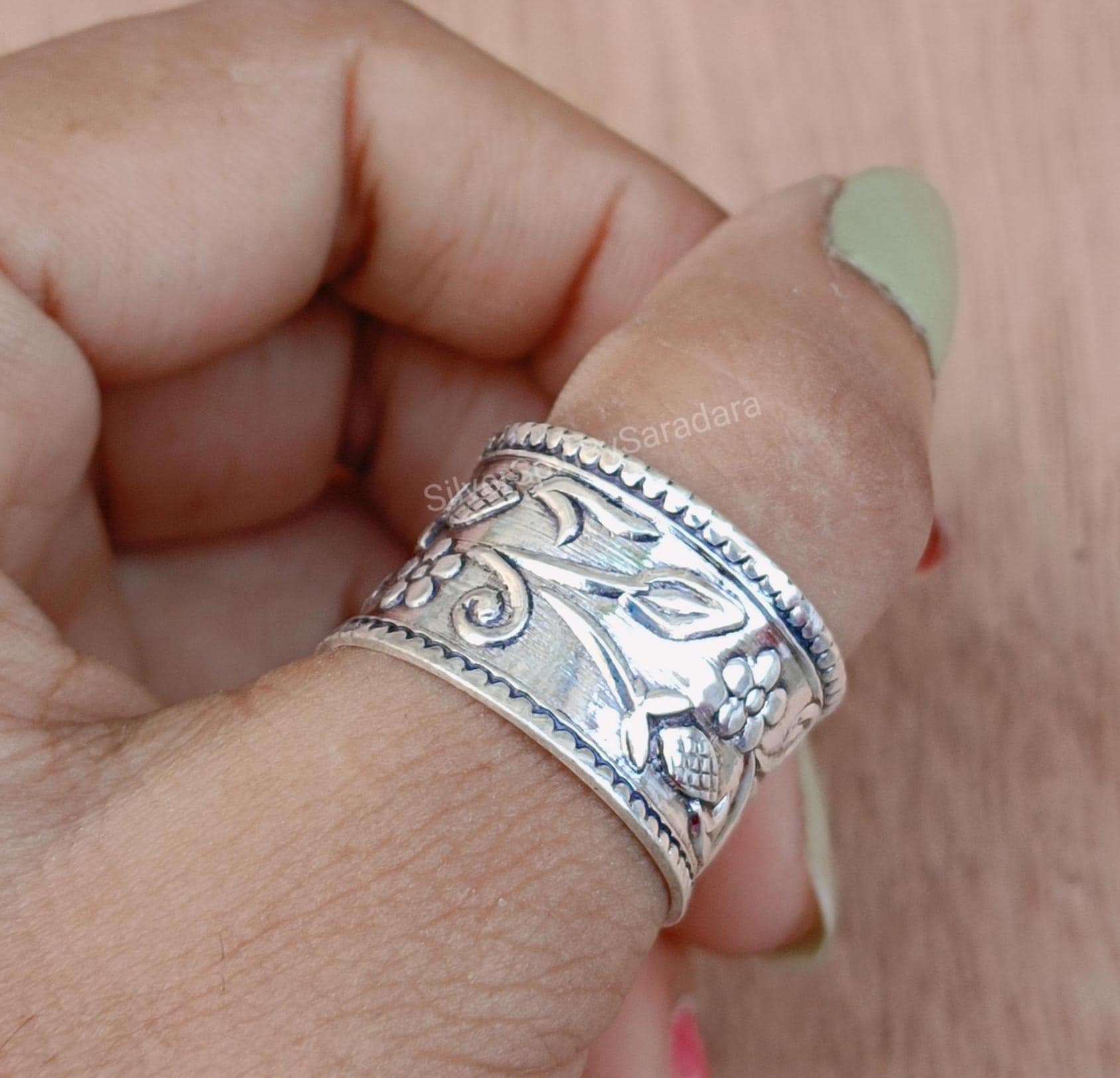 Anello Floreale In Argento Sterling Fatto A Mano: Fiore Inciso - Foto 5