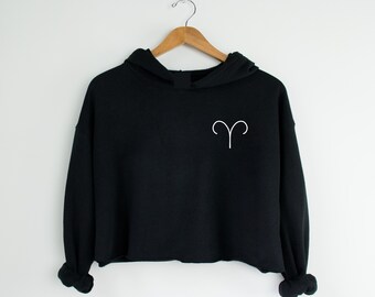 Aries Cropped Sweatshirt | Black Astrology Hoodies | Womens Graphic Hoodie | Horoscope Gifts