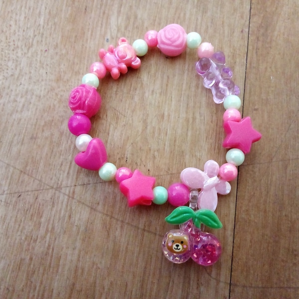 Pink Glittery Teddy Bear Cherries Kandi Kidcore Scene Raver Age Regression Fairy Kei Decora Bracelet