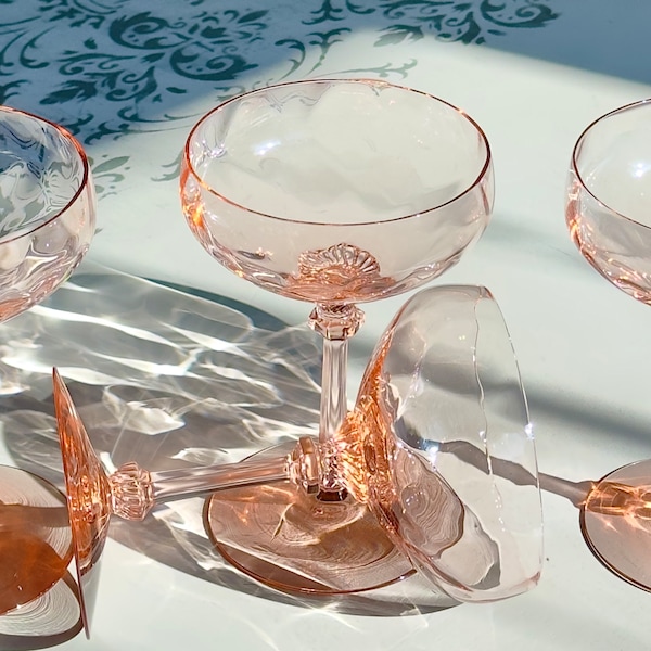 Vintage Heisey Pink Champagne Coupe Glasses-Pink Cocktail Glasses-Heisey Old Dominion Pink