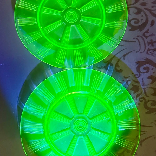 Vintage Uranium Glass Plates-Depression Glass-Uranium Glassware