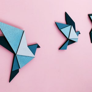 Gift for an Origami lover, a trio of flying birds in a Geometric Paper-fold style. Contemporary Interior Decor and Sculptural Wall Art