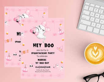 Halloween Invitation - Pink Ghost - Pink Pumpkins - Pastel Invitations - Party Supplies- Baby Shower- Birthday Parties -Party