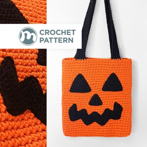 May include: An orange crochet tote bag with a black jack-o'-lantern face. The bag has black handles and the text "CROCHET PATTERN" in a white rectangle. The bag is made of a thick, textured yarn.