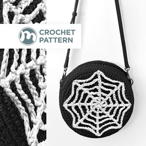 May include: Black round crochet bag with a white spiderweb design. The bag has a black strap and a white crochet pattern on the side. The text "CROCHET PATTERN" is visible in the image.