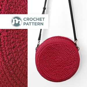 May include: A round, red crocheted bag with a black strap. The bag is a deep red color and has a circular design. The text "CROCHET PATTERN" is displayed on a white background.
