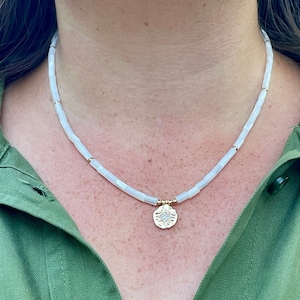Mother of Pearl Beaded Necklace, Gold Filled Necklace, Gold Starburst Necklace, Beaded White Necklace, Natural Mother of Pearl, MOP Necklace