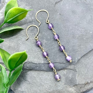 Natural Amethyst Drop Earrings, Gold Filled, Cascading Dangle Amethyst Earrings, Crystal Healing Earrings, February Birthstone, Minimalist