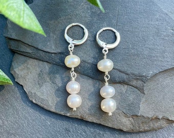 Freshwater Pearl Drop Earrings, Sterling Silver, Natural Pearl Earrings, Genuine Freshwater Pearl Earrings, Wedding Bridal Pearl Earrings