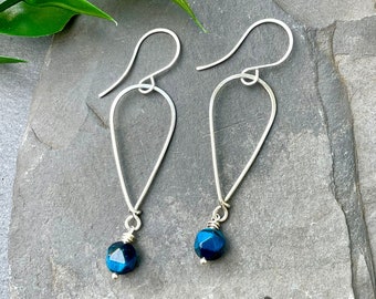 Blue Green Tigers Eye Teardrop Earrings, Sterling Silver, Tiger&#39;s Eye Dangle Earrings, Blue Dangle Earrings, Gemstone Dangle Earrings
