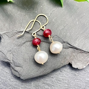 Garnet & Pearl Drop Earrings, 14K Gold Filled, Natural Pearl Earrings, Garnet Gemstone Earrings, Gemstone Dangle Earrings, Holiday Earrings