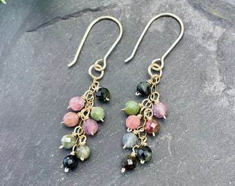 Dainty Tourmaline Gemstone Earrings, 14K Gold Fill, Cluster Earrings, Cascading Dangle Earrings, Multi-Colored Earrings, October Birthstone