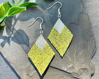 Chartreuse & Silver Beaded Earrings, Handwoven Beaded Earrings, Geometric Seed Bead Earrings, Diamond Shaped, Seed Bead Rhombus Earrings,