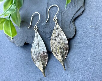 Silver Leaf Earrings, Long Leaf Earrings, Rustic Leaf Earrings, Botanical Jewelry, Drop Statement Earrings, Boho Earrings, Nature Jewelry