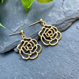 Gold Rose Earrings, Dangle Rose Charm Earrings, Dangle Rose Earrings, Floral Earrings, Gold Flower Earrings, Gift for Her, Birthday Gift