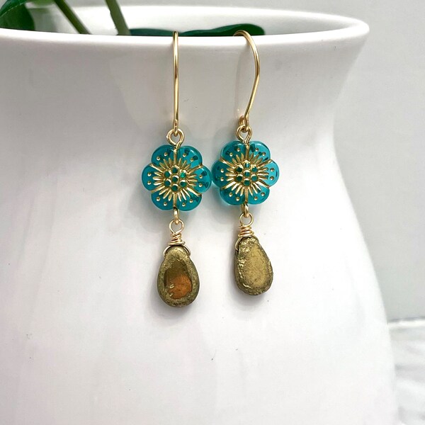 Aqua & Gold Czech Flower Earrings, Czech Glass Hibiscus Flower Earrings, Small Floral Dangles, Boho Flower Jewelry, Summer Beach Earrings