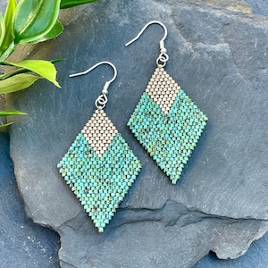 Turquoise & Silver Beaded Earrings, Handwoven Beaded Earrings, Geometric Seed Bead Earrings, Diamond Shaped, Seed Bead Rhombus Earrings