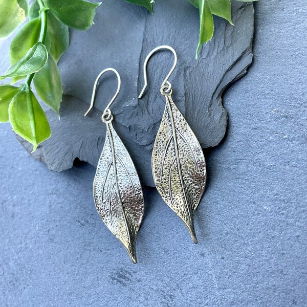 Silver Leaf Earrings, Long Leaf Earrings, Rustic Leaf Earrings, Botanical Jewelry, Drop Statement Earrings, Boho Earrings, Nature Jewelry