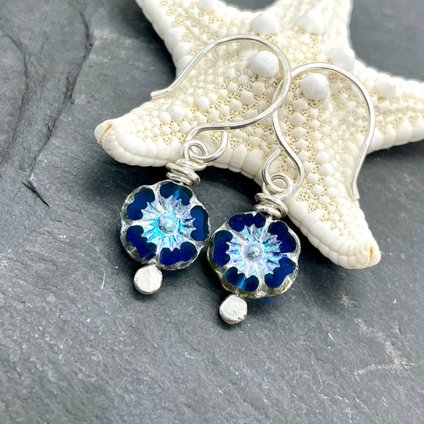 Blue Czech Flower Earrings, Hawaiian Hibiscus Earrings, Sterling Silver Earrings, Summer Beach Earrings, Blue Floral Earrings, Navy Earrings
