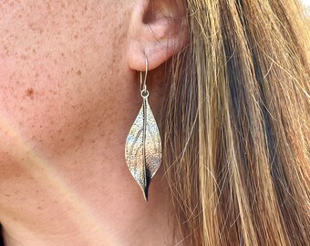 Silver Leaf Earrings, Long Leaf Earrings, Rustic Leaf Earrings, Botanical Jewelry, Drop Statement Earrings, Boho Earrings, Nature Jewelry