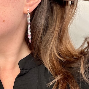 Tourmaline Gemstone Earrings, Sterling Silver Post Earrings, Chain Post Earrings, Pink Drop Gemstone Earrings, Valentine&#39;s Gift For Her