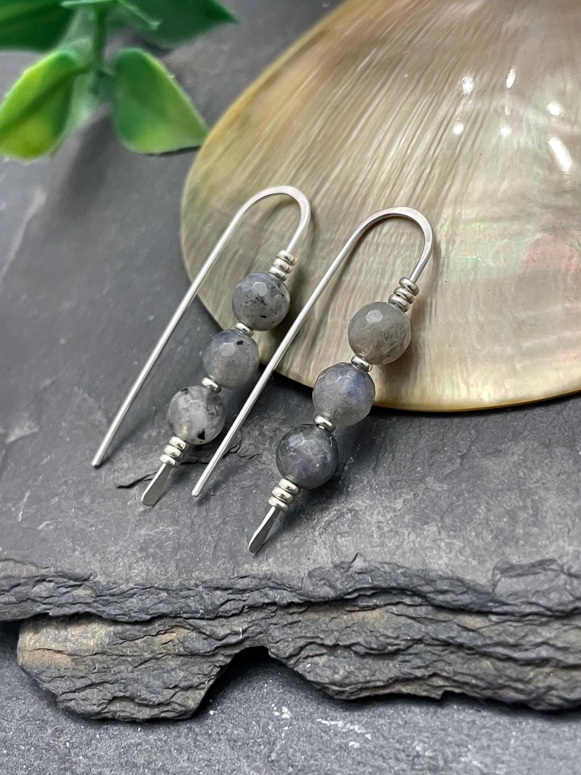 Labradorite Threader Earrings, Sterling Silver, Open Hoop Dangle, Beaded Gemstone Earrings, Handmade Threader Earrings, Labradorite Hoops