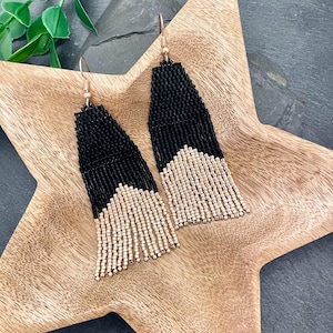 Matte Black & Champagne Beaded Earrings, Handwoven Boho Beaded Earrings, Geometric Seed Bead Earrings, Bohemian Beaded Fringe Earrings