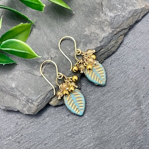 Czech Glass Leaf Earrings, Gold Cluster Earrings, Spring Jewelry, Nature Inspired Earrings, Czech Glass Beads Boho Earrings, Vintage Dangles