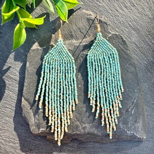 Turquoise & Gold Fringe Earrings, Handmade Seed Bead Earrings, Handwoven Beaded Fringe Earrings, Boho Dangles, Native Beaded Fringe Earrings