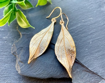 Gold Leaf Earrings, Long Leaf Earrings, Rustic Leaf Earrings, Botanical Jewelry, Drop Statement Earrings, Boho Earrings, Nature Jewelry