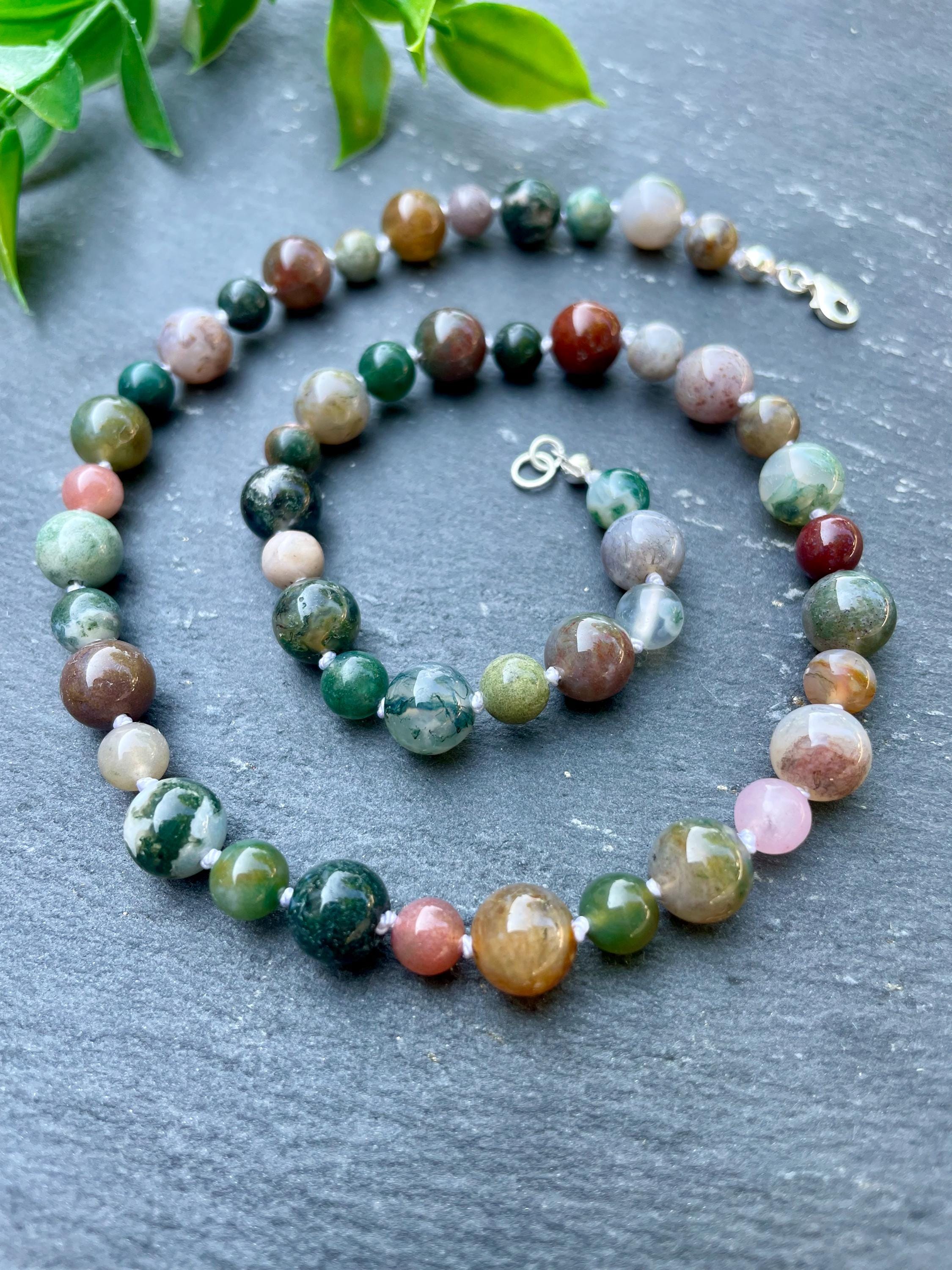 Hand Knotted Agate Necklace, Silk Knotted Necklace, Gemstone Beaded Necklace, Sterling Silver Clasp, Natural Agate Jewelry, 16 Inch Choker