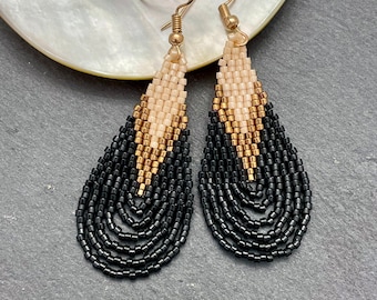 Handmade Seed Bead Earrings, Handwoven Beaded Earrings, Geometric Seed Bead Earrings, Teardrop Shaped, Seed Bead Earrings, Neutral Earrings