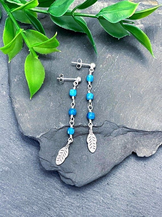 Orecchini Pendenti In Apatite Blu Naturale - Gioielli Etnici Boho Con Cristalli Reiki, Regalo Per Donna