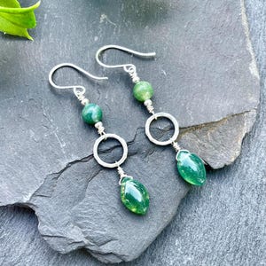 Moss Agate Earrings Sterling Silver, Handmade Hoops with Gemstone Drops, Earthy Green Boho Jewelry, Long Dangle Gift for Her, Nature Lover