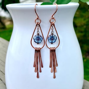Boho Copper Earrings with Czech Glass Flowers, Rustic Teardrop Fringe Earrings, Long Copper Dangle Earrings, Hammered Copper Jewelry
