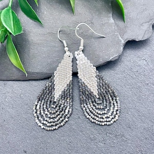 Silver Seed Bead Earrings, Handwoven Beaded Earrings, Teardrop Shaped Seed Bead Earrings, Teardrop Shaped, Seed Bead Earrings, Gray Earrings