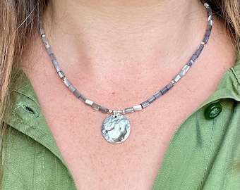 Mother of Pearl Beaded Choker: Sterling Silver Coin Pendant Necklace