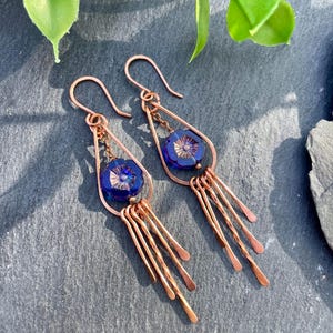 Boho Copper Earrings with Blue Czech Glass Flowers, Rustic Teardrop Fringe Earrings, Long Copper Dangle Earrings, Hammered Copper Jewelry