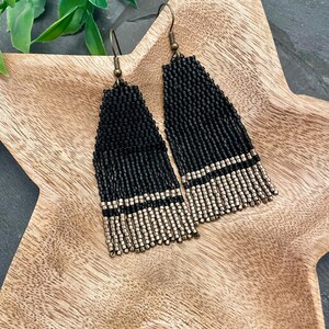 Matte Black & Pewter Beaded Earrings, Handwoven Boho Beaded Earrings, Geometric Seed Bead Earrings, Bohemian Beaded Fringe Earrings