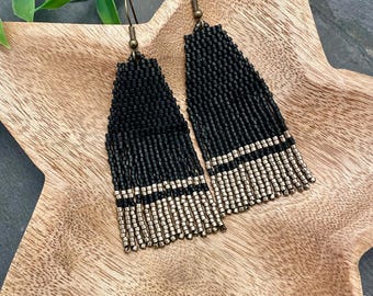 Handwoven Seed Bead Earrings: Matte Black & Pewter Fringe