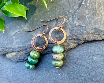 Agate Copper Dangle Earrings, Rustic Copper Earrings, Green Beaded Earrings, Multicolor Gemstone Earrings, Rustic Boho Earrings