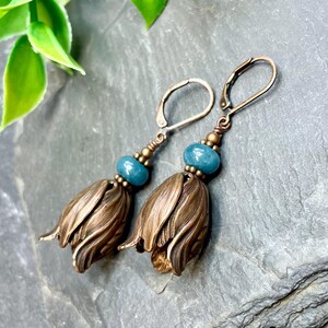 Copper Tulip Earrings, Vintage Style Flower Dangle Earrings, Rustic Boho Botanical Earrings, Handmade Copper Earrings, Cottagecore Jewelry