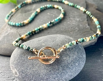 Pearl and Turquoise Toggle Necklace, Genuine Pearl and Turquoise Choker, Handmade Beaded Necklace, Multi Gemstone Necklace, Boho Necklace
