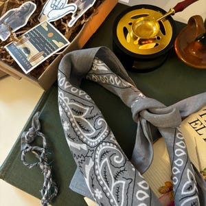 Könnte beinhalten: Ein graues Bandana mit einem weißen Paisley-Muster. Das Bandana ist gefaltet und zu einem Knoten gebunden. Das Bandana liegt auf einem grünen Buch mit einem weißen Etikett, auf dem "The Outer Banks" steht.